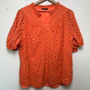 Pretty Garden Women Eyelet Popover Top XL Orange Puff Sleeve Preppy Cottage